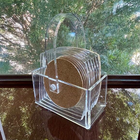 Vintage Clear Lucite and Cork Coaster Set with Holder – 6 Coasters with Caddy - Picture 4 of 13